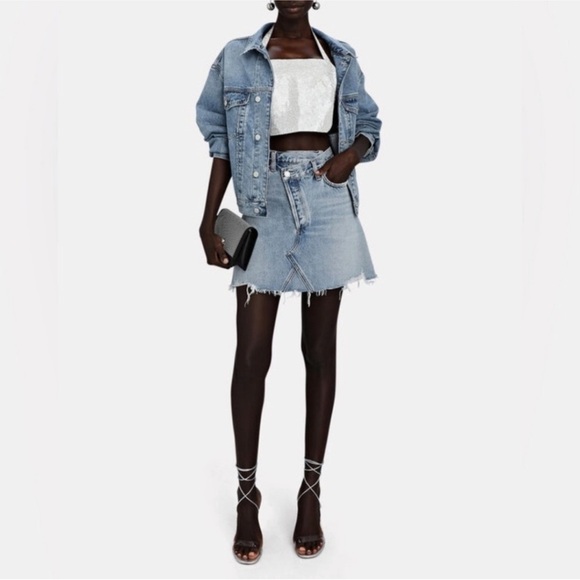 Agolde Criss Cross Buttonfly Distressed Denim Skirt Size 27 - Picture 2 of 13